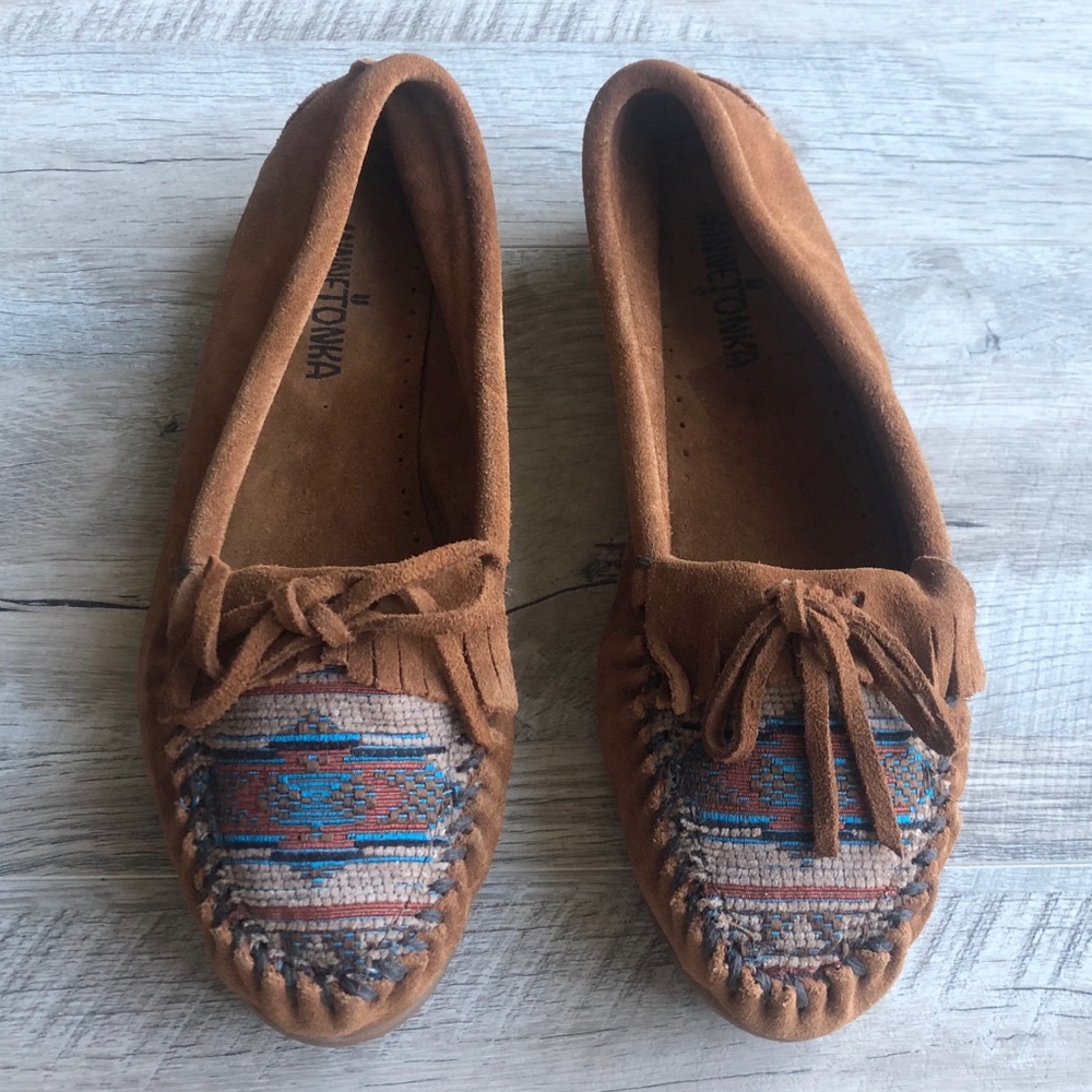 Minnetonka Brown Suede Moccasins with Blue and Cream Woven Toe